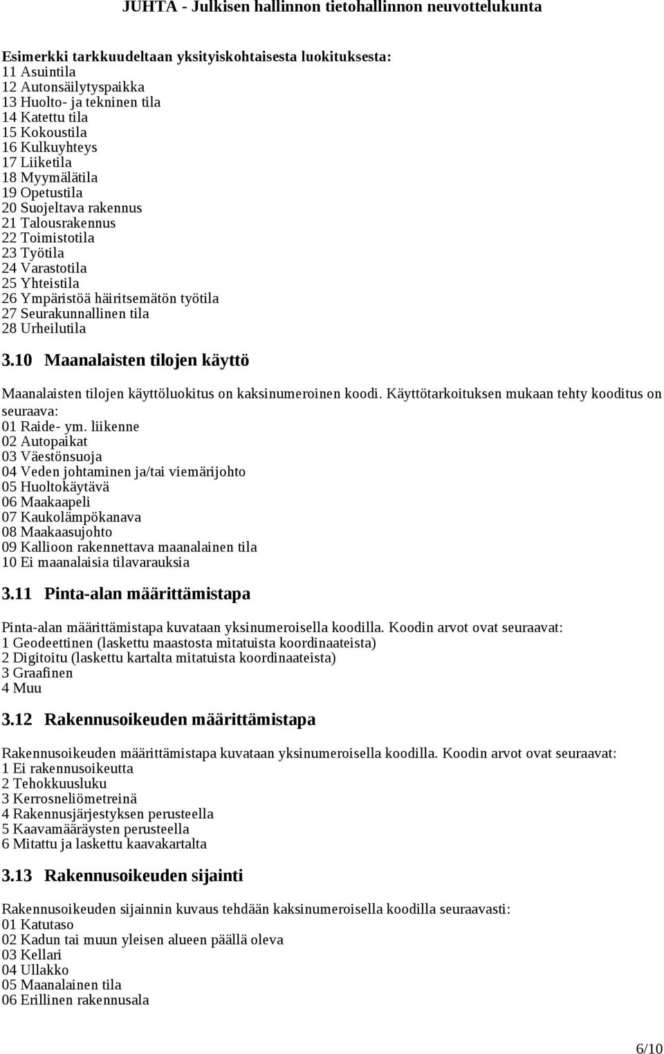 10 Maanalaisten tilojen käyttö Maanalaisten tilojen käyttöluokitus on kaksinumeroinen koodi. Käyttötarkoituksen mukaan tehty kooditus on seuraava: 01 Raide- ym.