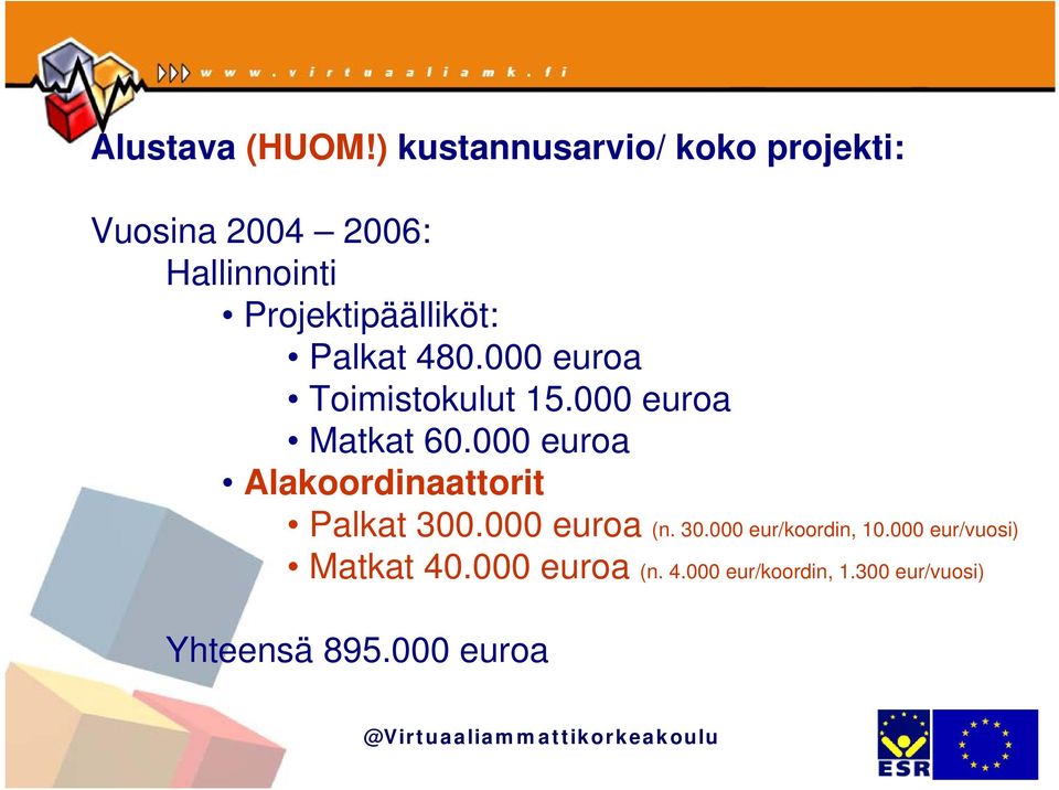 Palkat 480.000 euroa Toimistokulut 15.000 euroa Matkat 60.