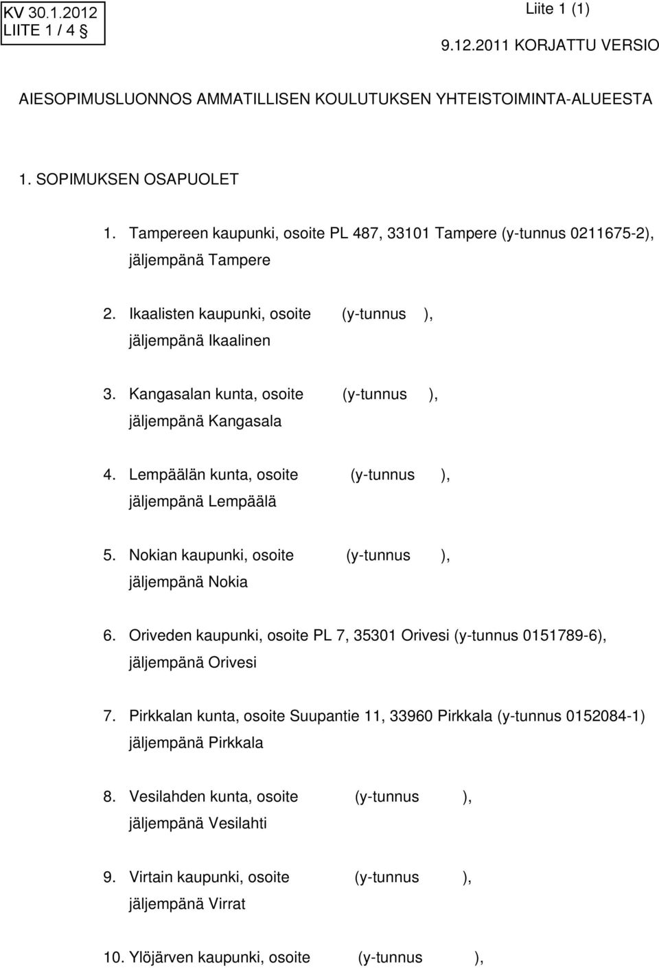 Kangasalan kunta, osoite (y-tunnus ), jäljempänä Kangasala 4. Lempäälän kunta, osoite (y-tunnus ), jäljempänä Lempäälä 5. Nokian kaupunki, osoite (y-tunnus ), jäljempänä Nokia 6.