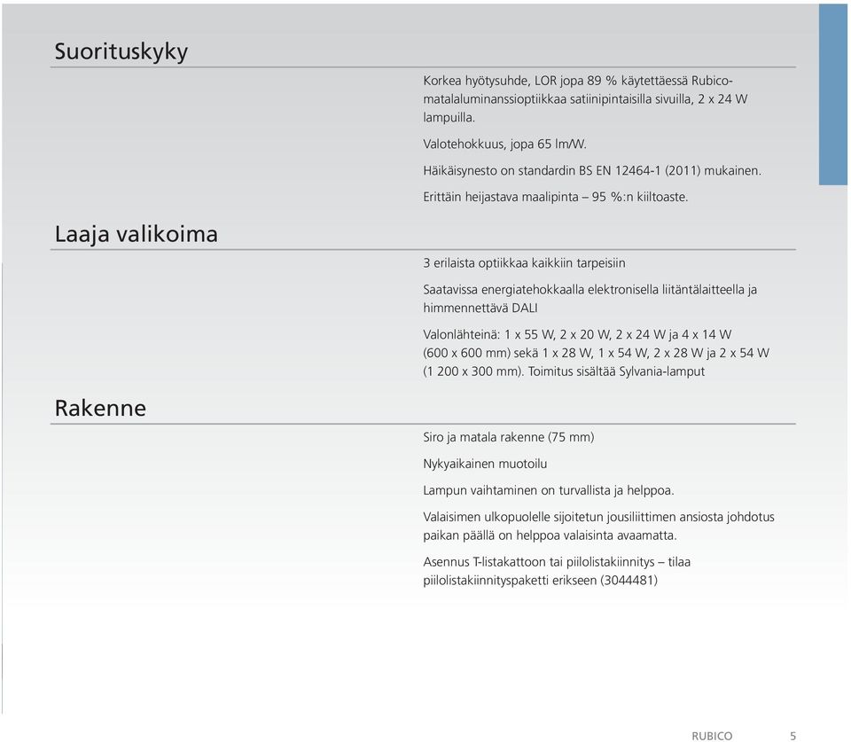 Laaja valikoima 3 erilaista optiikkaa kaikkiin tarpeisiin Saatavissa energiatehokkaalla elektronisella liitäntälaitteella ja himmennettävä DALI Valonlähteinä: 1 x 55 W, 2 x 20 W, 2 x 24 W ja 4 x 14 W