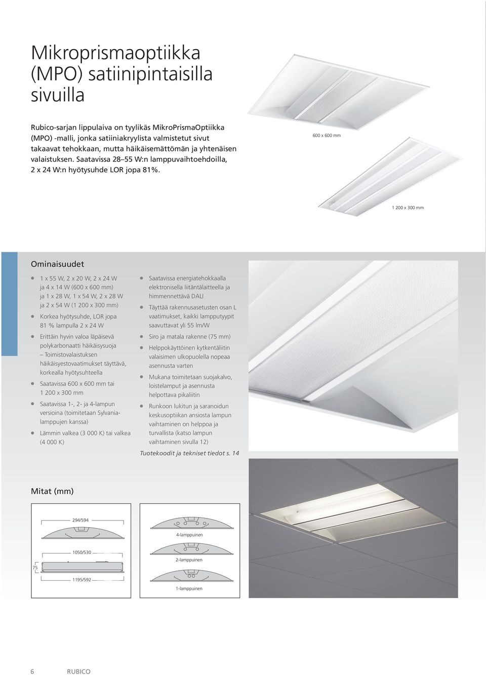 600 x 600 mm 1 200 x 300 mm Ominaisuudet 1 x 55 W, 2 x 20 W, 2 x 24 W Saatavissa energiatehokkaalla ja 4 x 14 W (600 x 600 mm) elektronisella liitäntälaitteella ja ja 1 x 28 W, 1 x 54 W, 2 x 28 W