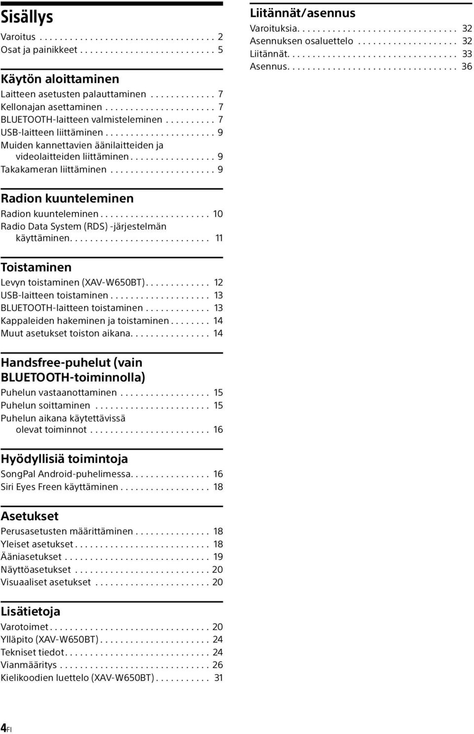 ................ 9 Takakameran liittäminen..................... 9 Liitännät/asennus Varoituksia................................ 32 Asennuksen osaluettelo.................... 32 Liitännät.................................. 33 Asennus.