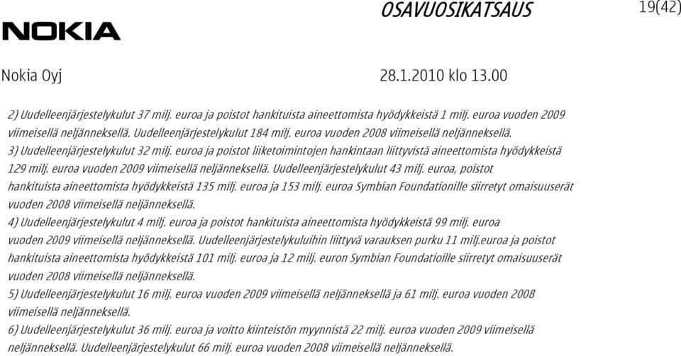 euroa vuoden viimeisellä neljänneksellä. Uudelleenjärjestelykulut 43 milj. euroa, poistot hankituista aineettomista hyödykkeistä 135 milj. euroa ja 153 milj.