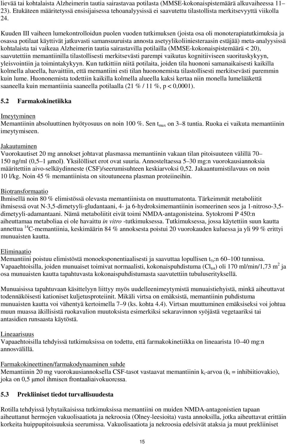 Kuuden III vaiheen lumekontrolloidun puolen vuoden tutkimuksen (joista osa oli monoterapiatutkimuksia ja osassa potilaat käyttivät jatkuvasti samansuuruista annosta asetyylikoliiniesteraasin estäjää)