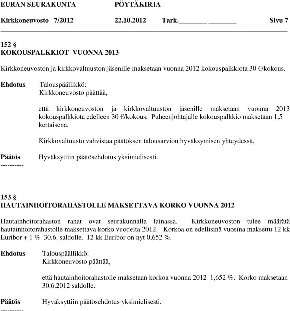 Kirkkovaltuusto vahvistaa päätöksen talousarvion hyväksymisen yhteydessä. 153 HAUTAINHOITORAHASTOLLE MAKSETTAVA KORKO VUONNA 2012 Hautainhoitorahaston rahat ovat seurakunnalla lainassa.