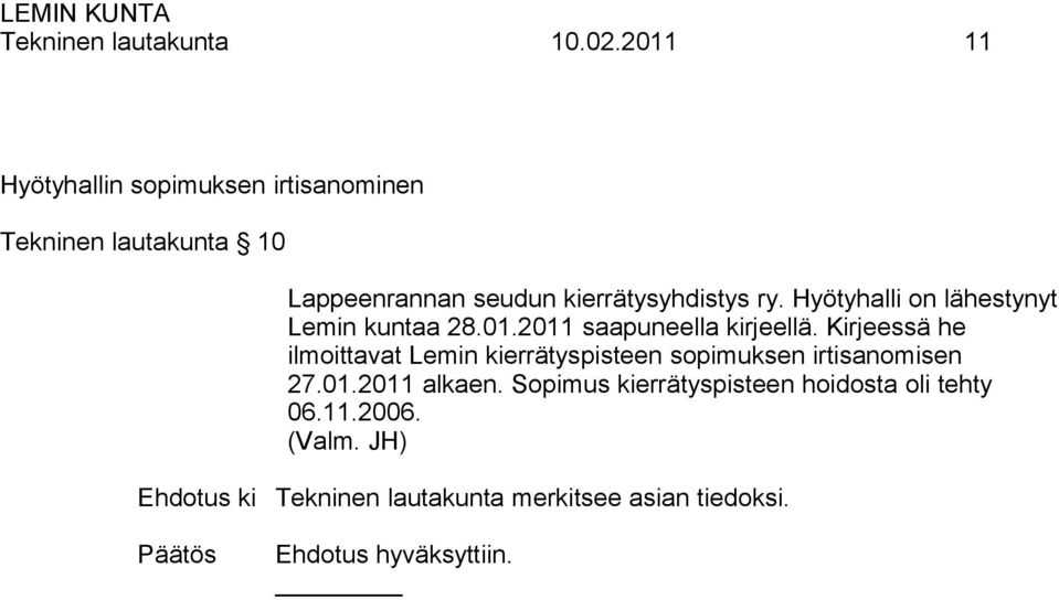 kierrätysyhdistys ry. Hyötyhalli on lähestynyt Lemin kuntaa 28.01.2011 saapuneella kirjeellä.