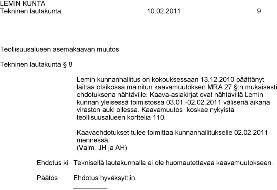 Kaava-asiakirjat ovat nähtävillä Lemin kunnan yleisessä toimistossa 03.01.-02.02.2011 välisenä aikana viraston auki ollessa.