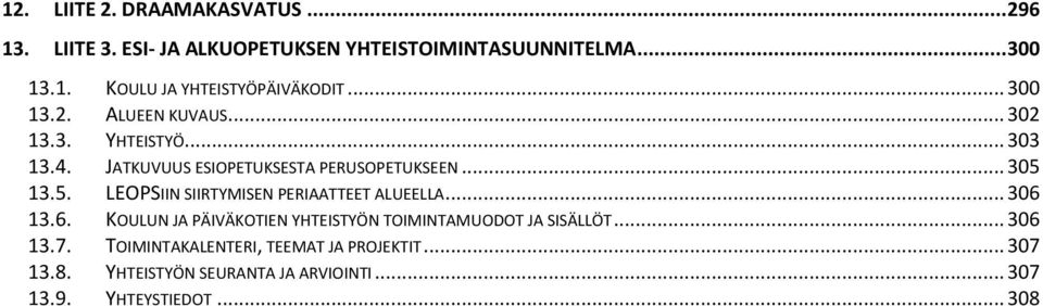 13.5. LEOPSIIN SIIRTYMISEN PERIAATTEET ALUEELLA... 306 13.6. KOULUN JA PÄIVÄKOTIEN YHTEISTYÖN TOIMINTAMUODOT JA SISÄLLÖT.