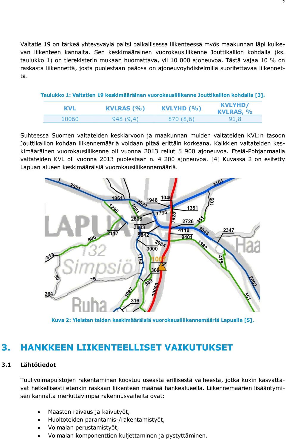 Taulukko 1: Valtatien 19 keskimääräinen vuorokausiliikenne Jouttikallion kohdalla [3].