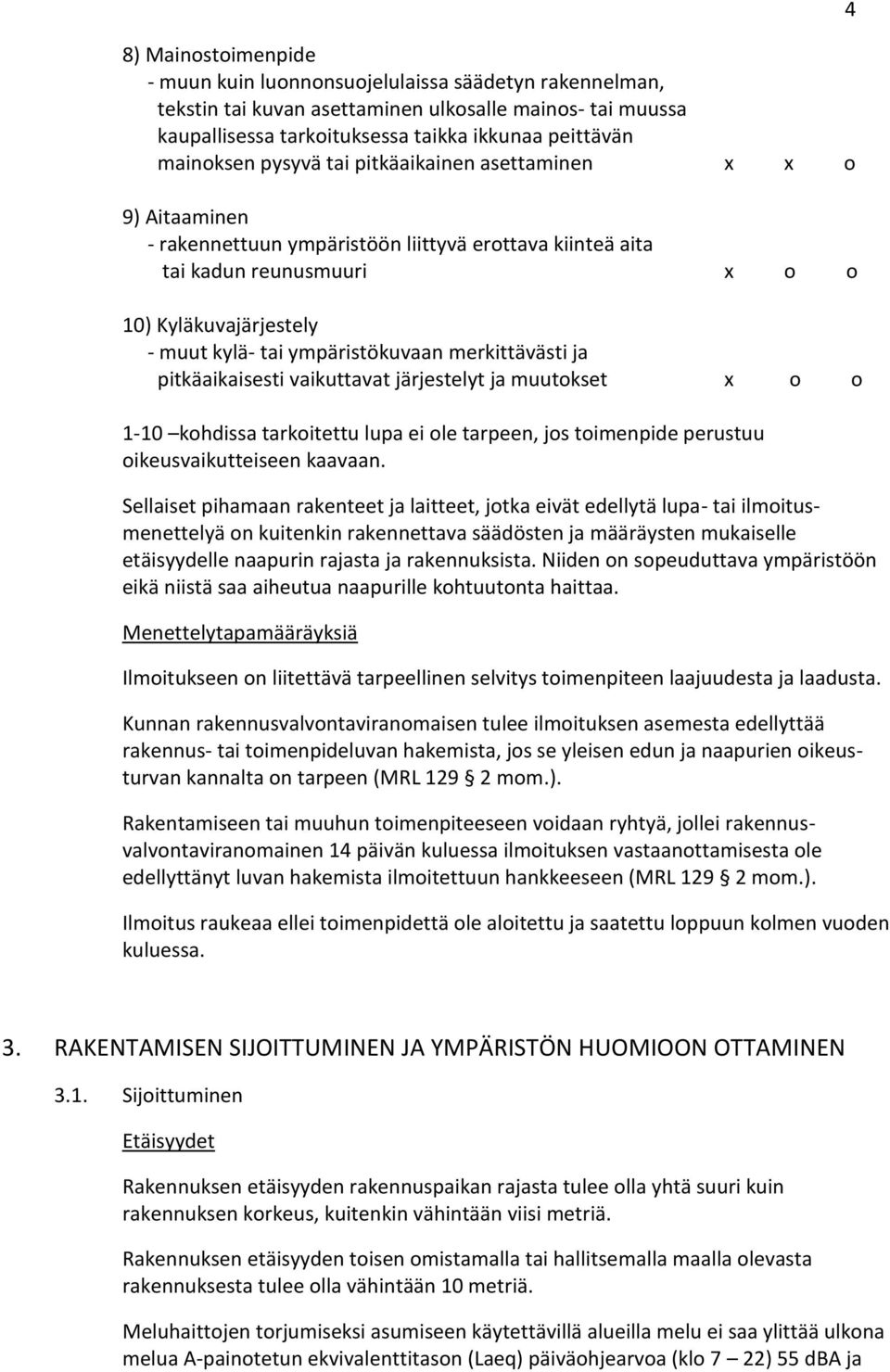 merkittävästi ja pitkäaikaisesti vaikuttavat järjestelyt ja muutokset x o o 1-10 kohdissa tarkoitettu lupa ei ole tarpeen, jos toimenpide perustuu oikeusvaikutteiseen kaavaan.