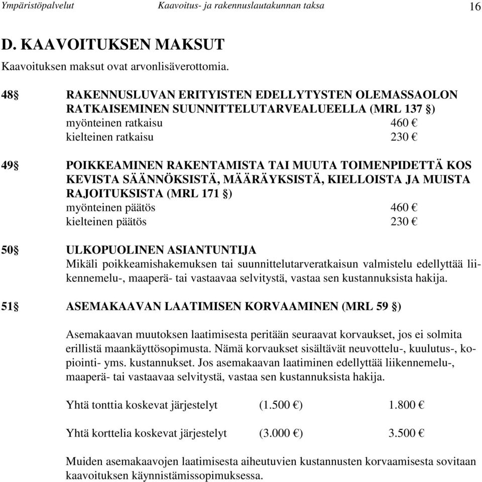 TOIMENPIDETTÄ KOS KEVISTA SÄÄNNÖKSISTÄ, MÄÄRÄYKSISTÄ, KIELLOISTA JA MUISTA RAJOITUKSISTA (MRL 171 ) myönteinen päätös 460 kielteinen päätös 230 50 ULKOPUOLINEN ASIANTUNTIJA Mikäli