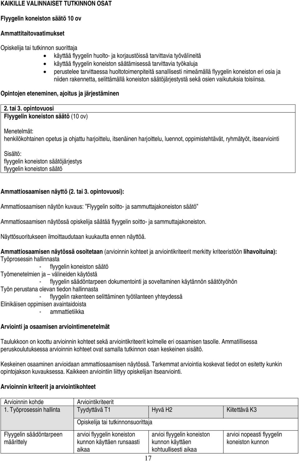 koneiston säätöjärjestystä sekä osien vaikutuksia toisiinsa. Opintojen eteneminen, ajoitus ja järjestäminen 2. tai 3.