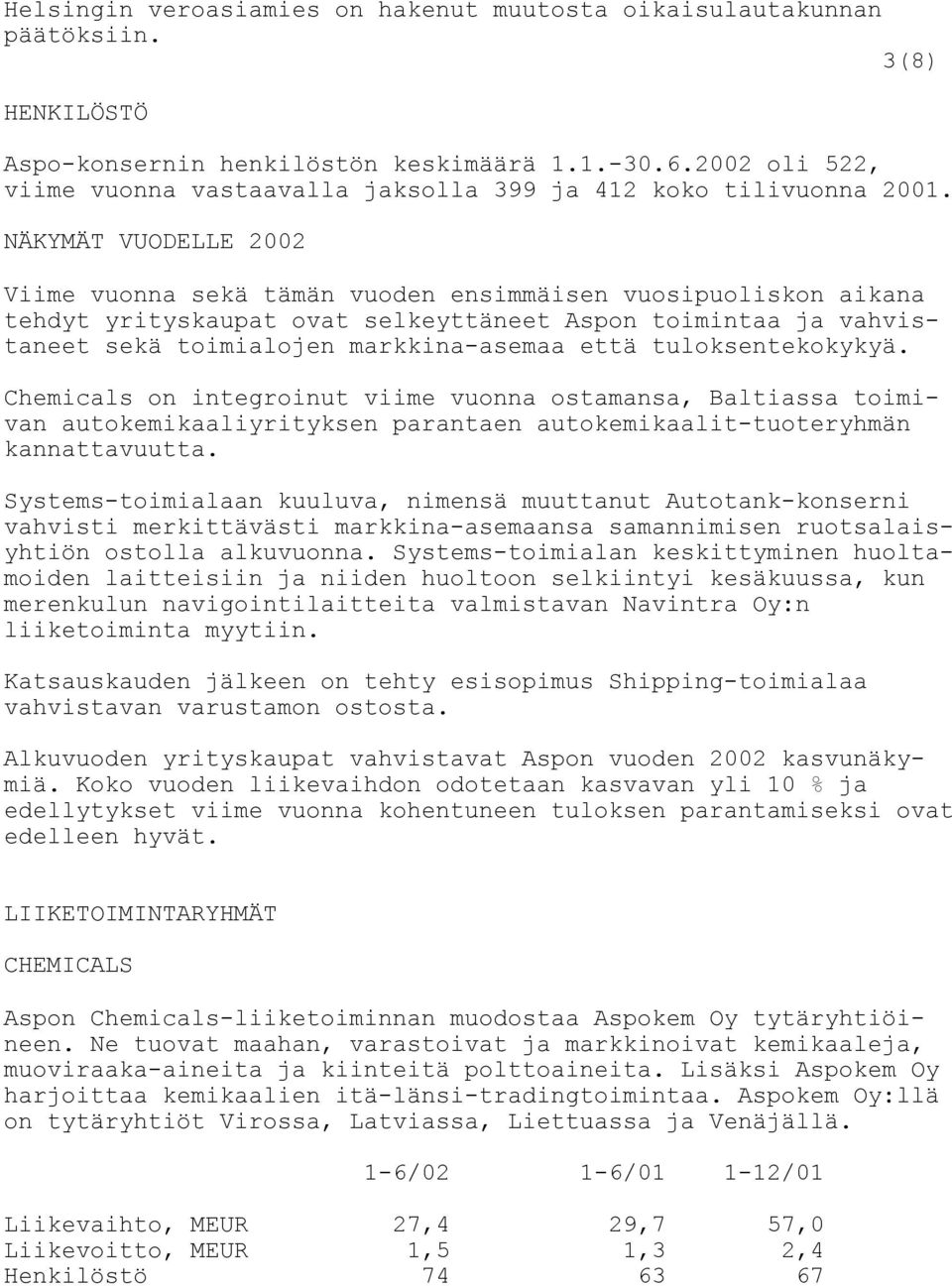 NÄKYMÄT VUODELLE 2002 Viime vuonna sekä tämän vuoden ensimmäisen vuosipuoliskon aikana tehdyt yrityskaupat ovat selkeyttäneet Aspon toimintaa ja vahvistaneet sekä toimialojen markkina-asemaa että