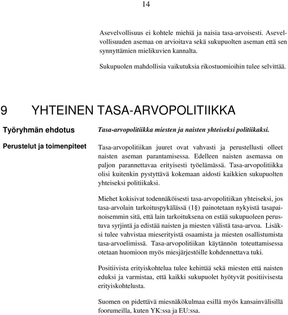 Tasa-arvopolitiikan juuret ovat vahvasti ja perustellusti olleet naisten aseman parantamisessa. Edelleen naisten asemassa on paljon parannettavaa erityisesti työelämässä.