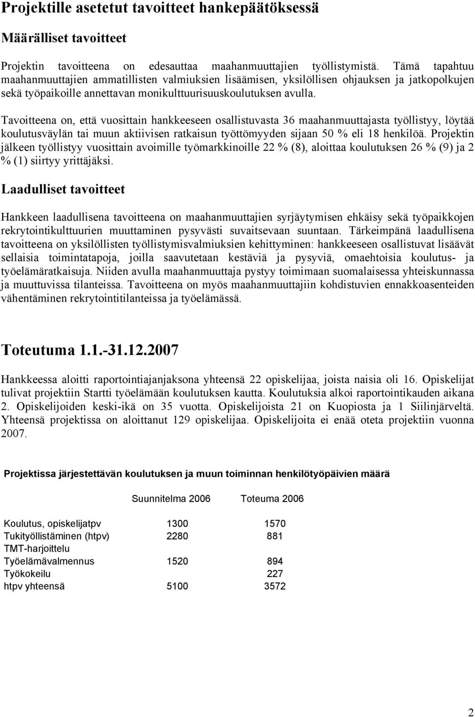 Tavoitteena on, että vuosittain hankkeeseen osallistuvasta 36 maahanmuuttajasta työllistyy, löytää koulutusväylän tai muun aktiivisen ratkaisun työttömyyden sijaan 50 % eli 18 henkilöä.