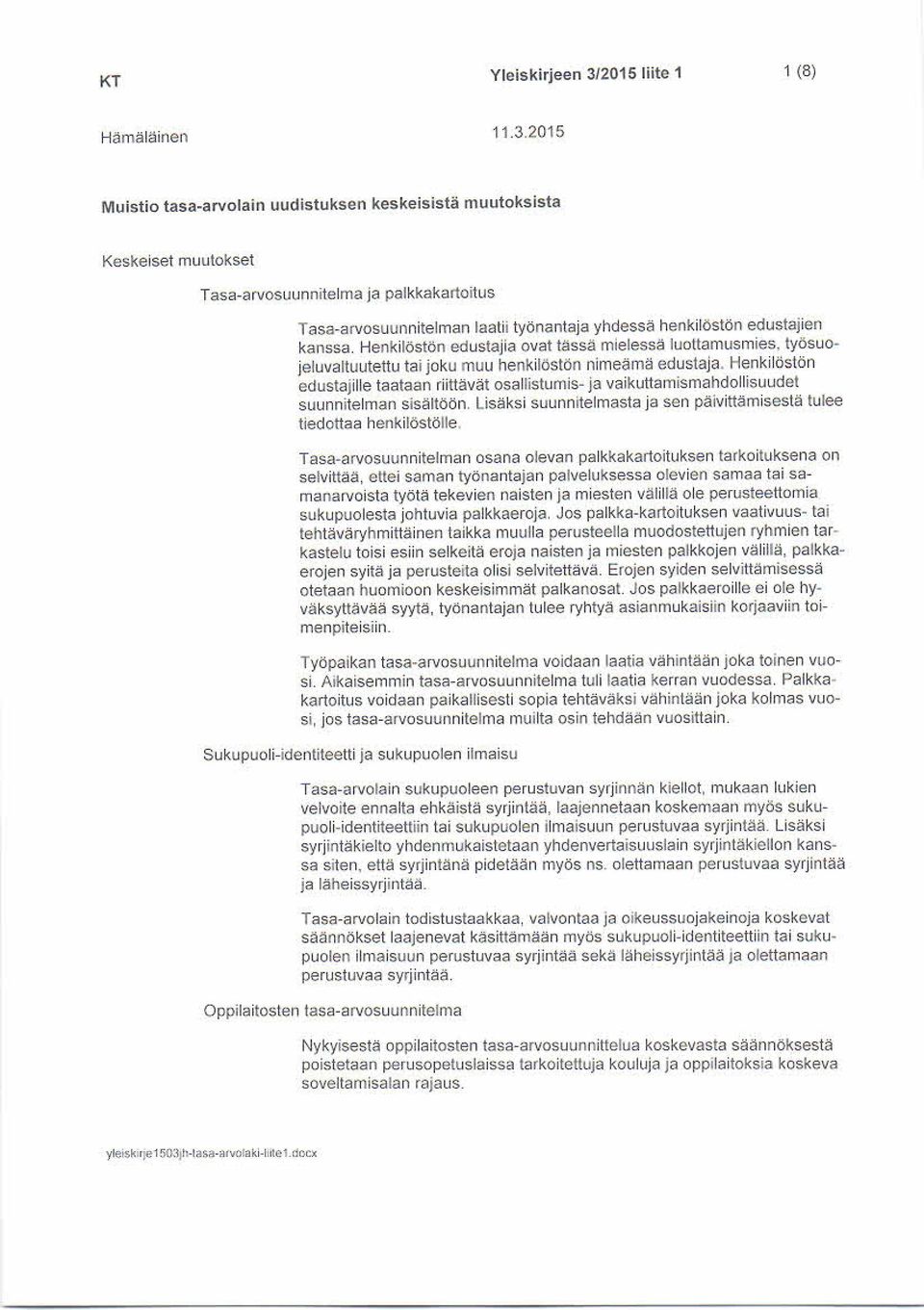 2015 Muistio tasa-arvolain uudistuksen keskeisistä muutoksista Keskeiset muutokset Tasa-arvosuunnitelrna ja palkkakartoitus Tasa- arvosuunnitelman laatii työnantaja yhdessä henkilöstön edustajien