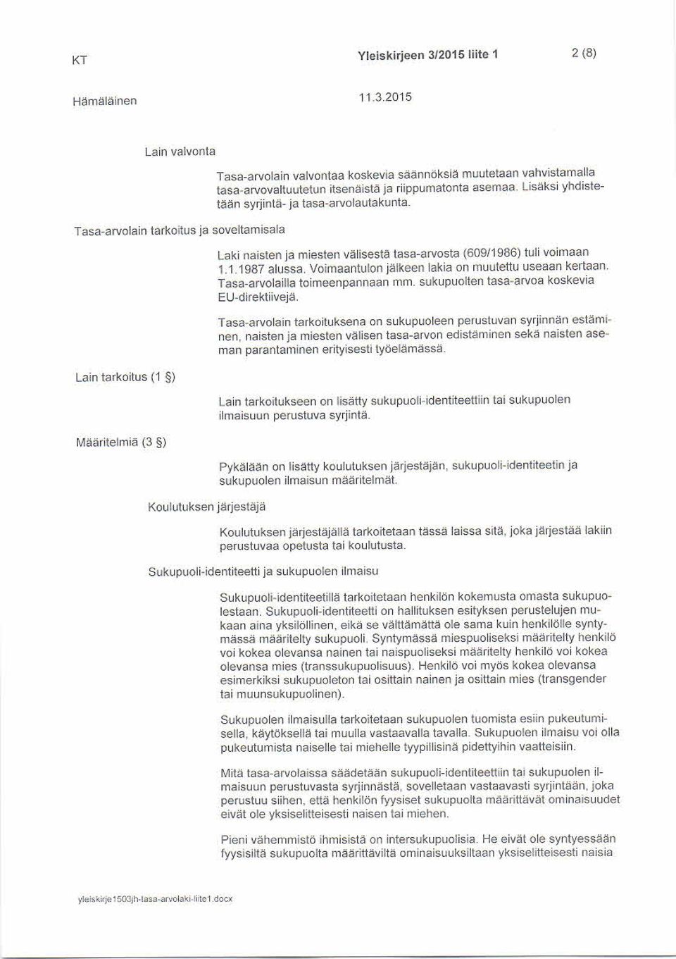 2015 Lain valvonta Tasa-arvolain tarkoitus ja soveltamisala Lain tarkoitus (1 ) Määritelmiä (3 ) Tasa-arvolain valvontaa koskevia säännöksiä muutetaan vahvistamalla tasa-arvovaltuutetun itsenäistä ja