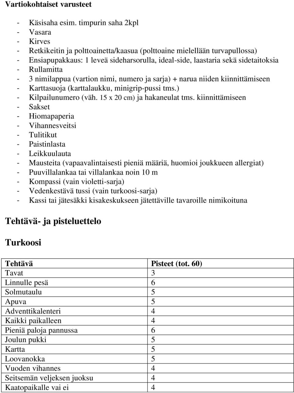 Rullamitta - 3 nimilappua (vartion nimi, numero ja sarja) + narua niiden kiinnittämiseen - Karttasuoja (karttalaukku, minigrip-pussi tms.) - Kilpailunumero (väh. 15 x 20 cm) ja hakaneulat tms.