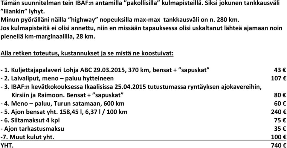 Alla retken toteutus, kustannukset ja se mistä ne koostuivat: - 1. Kuljettajapalaveri Lohja ABC 29.03.2015, 370 km, bensat + sapuskat 43-2. Laivaliput, meno paluu hytteineen 107-3.