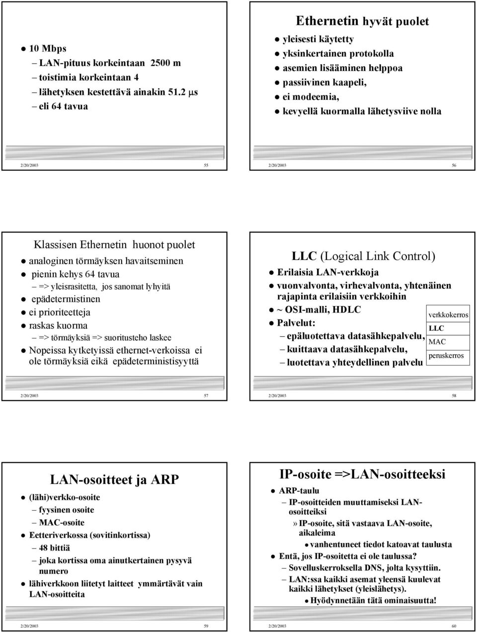 2/20/2003 56 Klassisen Ethernetin huonot puolet analoginen törmäyksen havaitseminen pienin kehys 64 tavua => yleisrasitetta, jos sanomat lyhyitä epädetermistinen ei prioriteetteja raskas kuorma =>