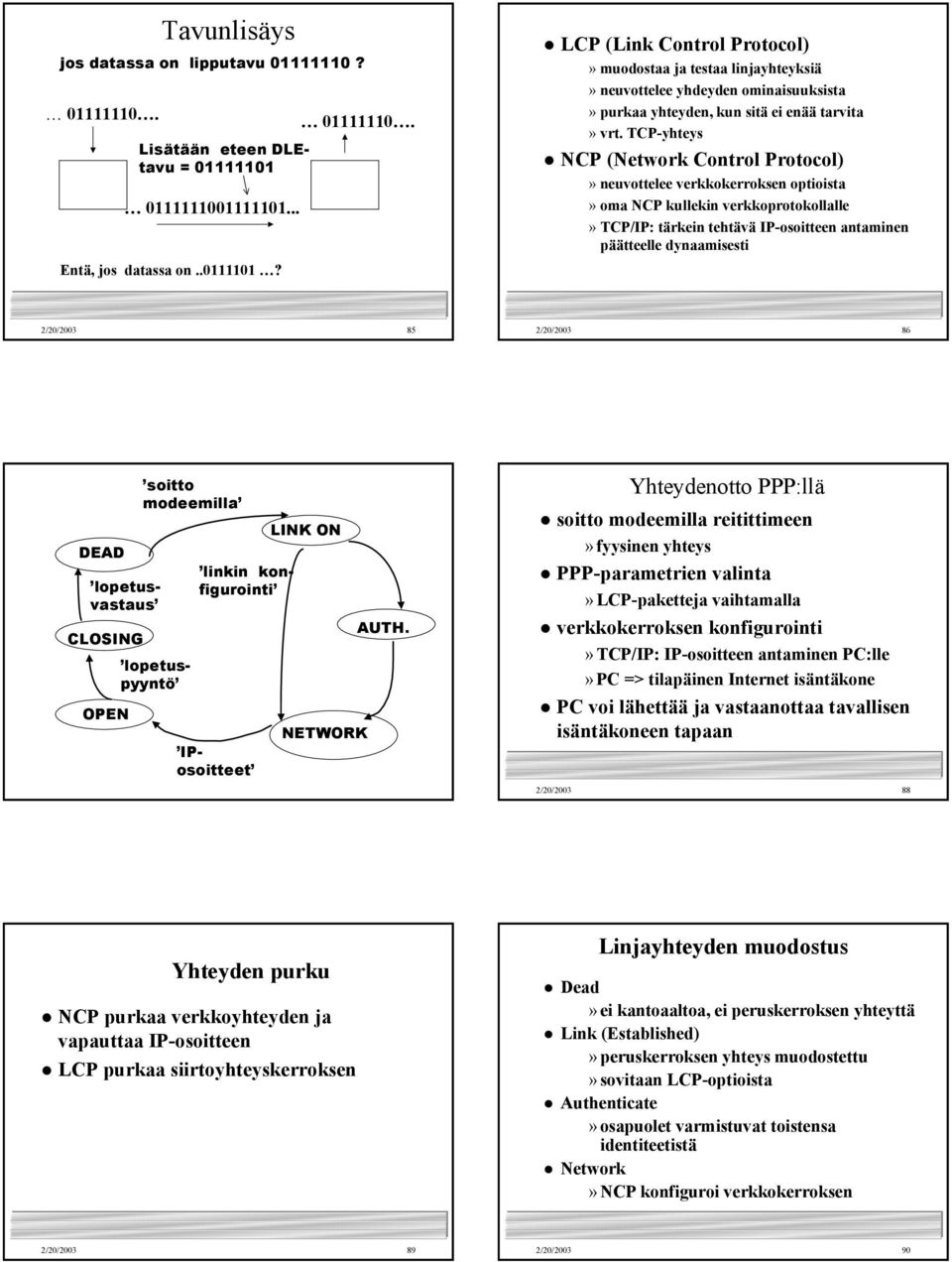 TCP-yhteys NCP (Network Control Protocol)» neuvottelee verkkokerroksen optioista» oma NCP kullekin verkkoprotokollalle» TCP/IP: tärkein tehtävä IP-osoitteen antaminen päätteelle dynaamisesti