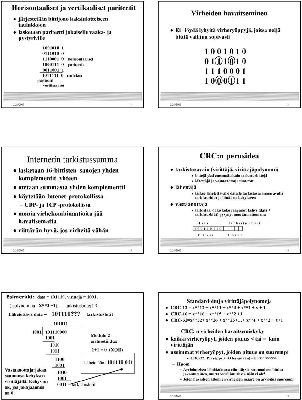 1 1 0 0 0 1 1 0 0 0 1 1 1 2/20/2003 13 2/20/2003 14 Internetin tarkistussumma lasketaan 16-bittisten sanojen yhden komplementit yhteen otetaan summasta yhden komplementti käytetään