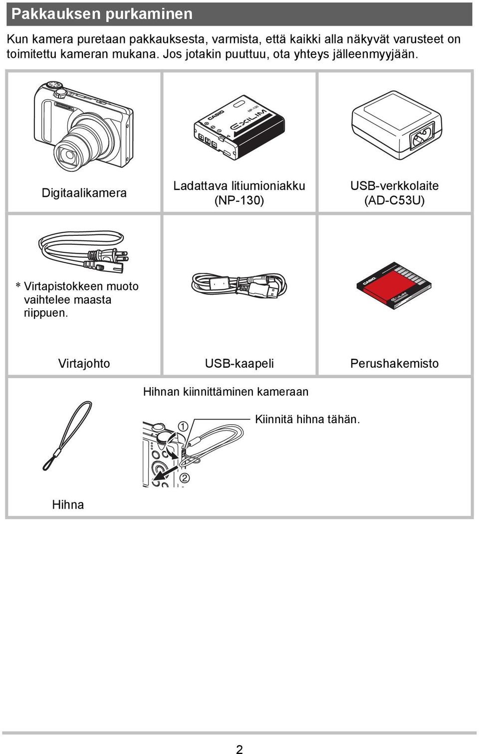 Digitaalikamera Ladattava litiumioniakku (NP-130) USB-verkkolaite (AD-C53U) * Virtapistokkeen muoto