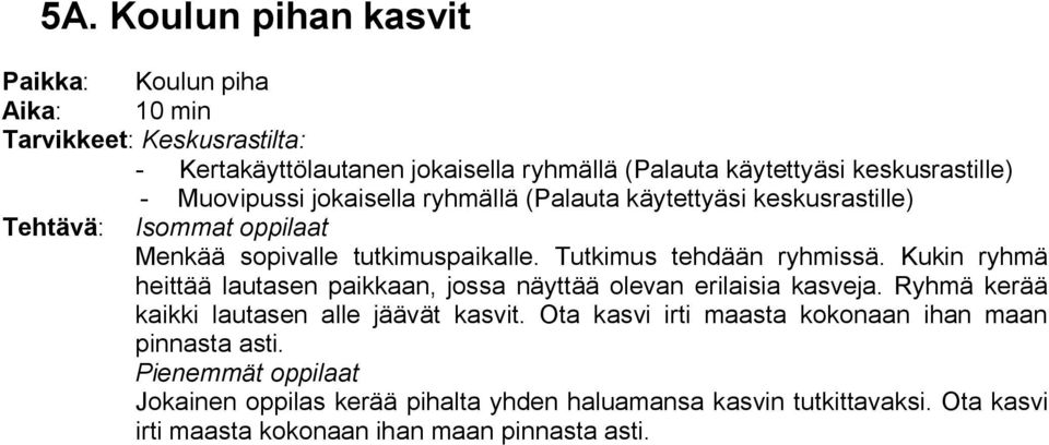 Kukin ryhmä heittää lautasen paikkaan, jossa näyttää olevan erilaisia kasveja. Ryhmä kerää kaikki lautasen alle jäävät kasvit.