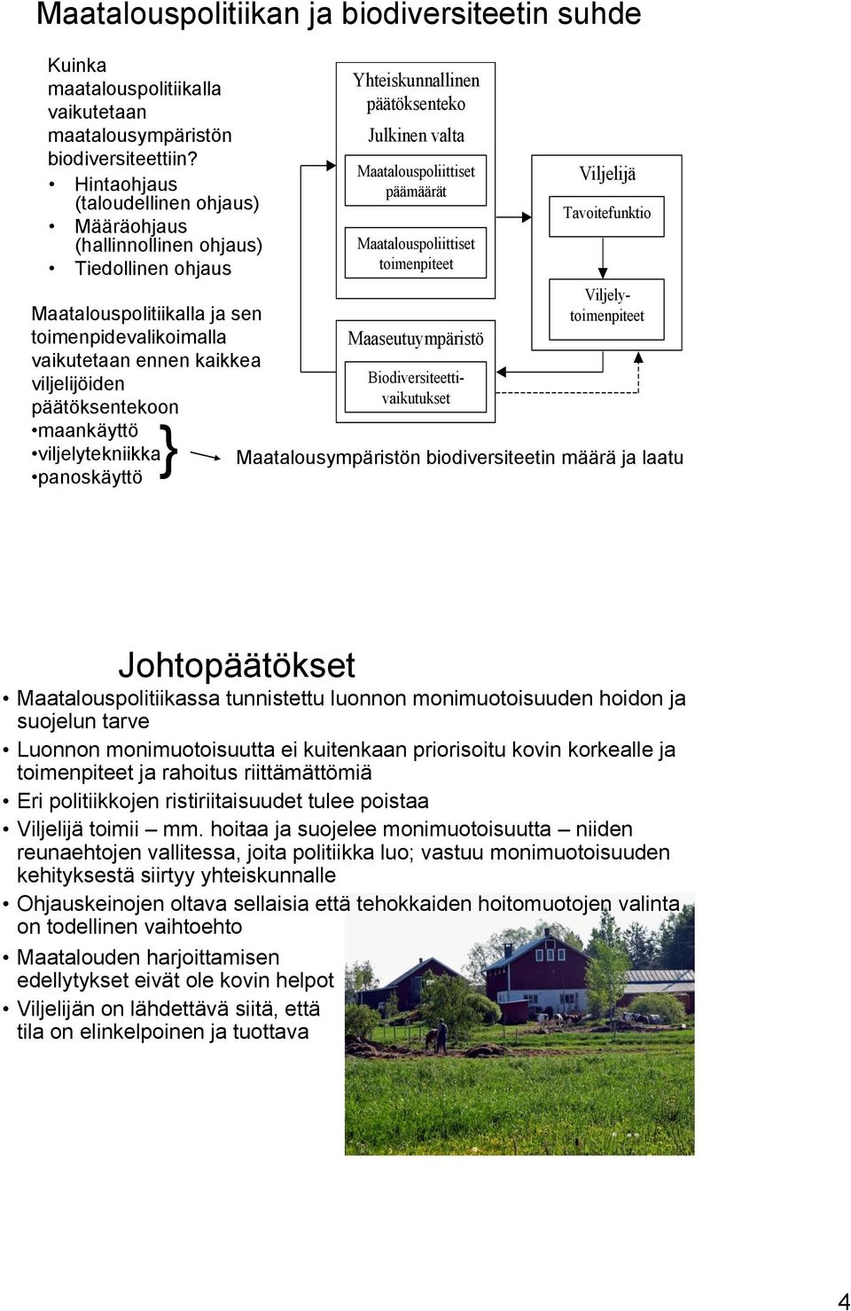 maankäyttö viljelytekniikka} panoskäyttö Yhteiskunnallinen päätöksenteko Julkinen valta Maatalouspoliittiset päämäärät Maatalouspoliittiset toimenpiteet Maaseutuympäristö Viljelijä Tavoitefunktio