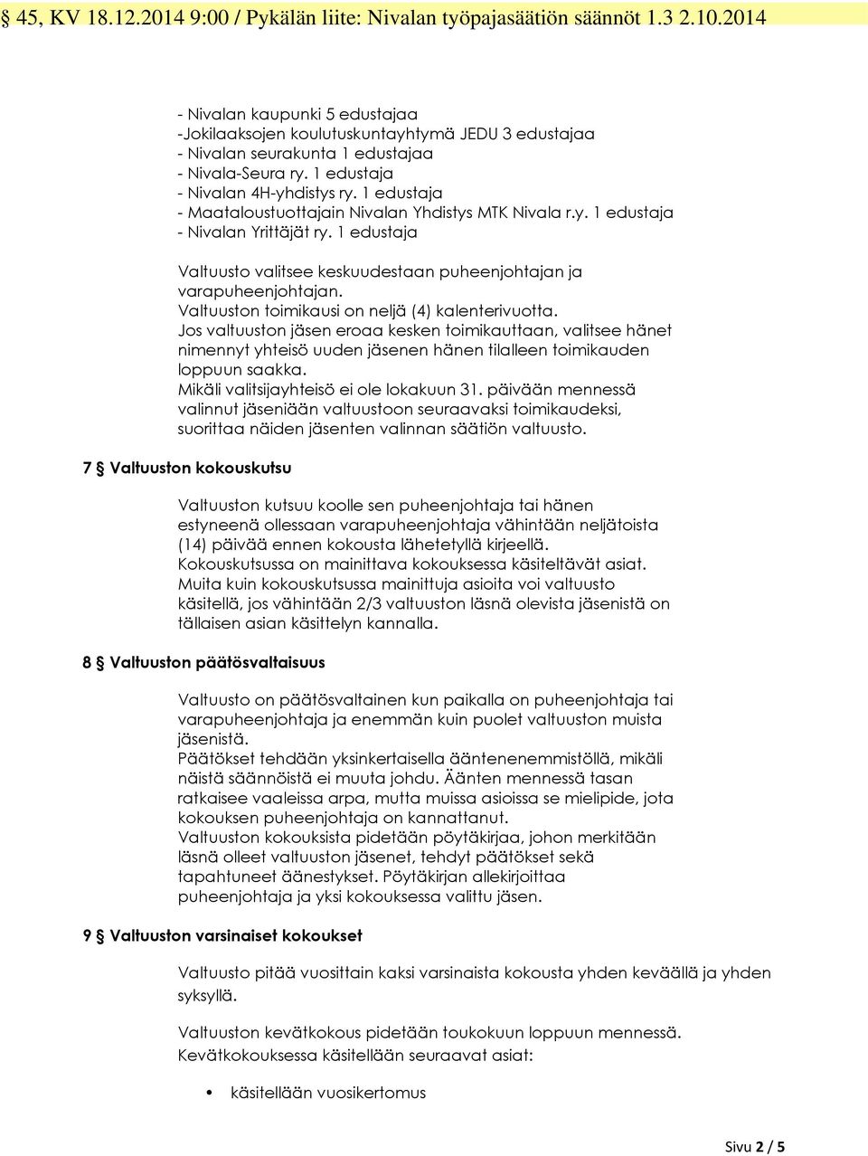 1 edustaja - Maataloustuottajain Nivalan Yhdistys MTK Nivala r.y. 1 edustaja - Nivalan Yrittäjät ry. 1 edustaja Valtuusto valitsee keskuudestaan puheenjohtajan ja varapuheenjohtajan.