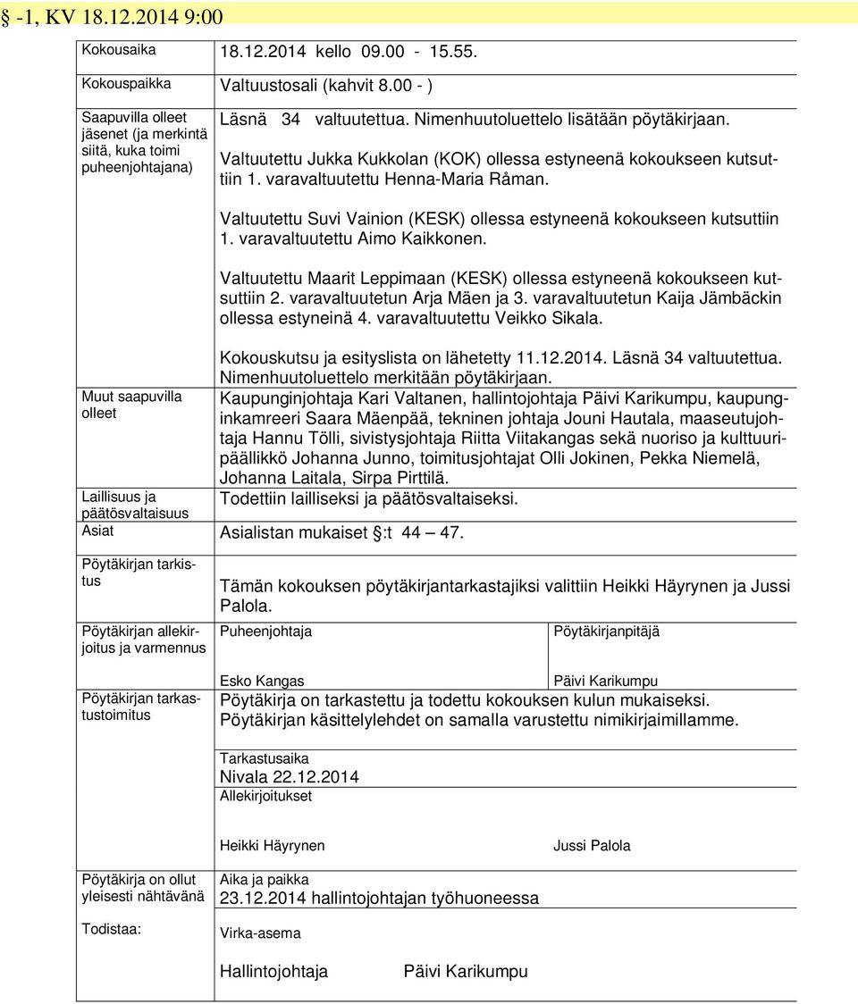 Valtuutettu Jukka Kukkolan (KOK) ollessa estyneenä kokoukseen kutsuttiin 1. varavaltuutettu Henna-Maria Råman. Valtuutettu Suvi Vainion (KESK) ollessa estyneenä kokoukseen kutsuttiin 1.