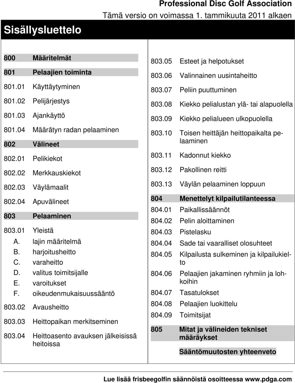 harjoitusheitto C. varaheitto D. valitus toimitsijalle E. varoitukset F. oikeudenmukaisuussääntö 803.02 Avausheitto 803.03 Heittopaikan merkitseminen 803.