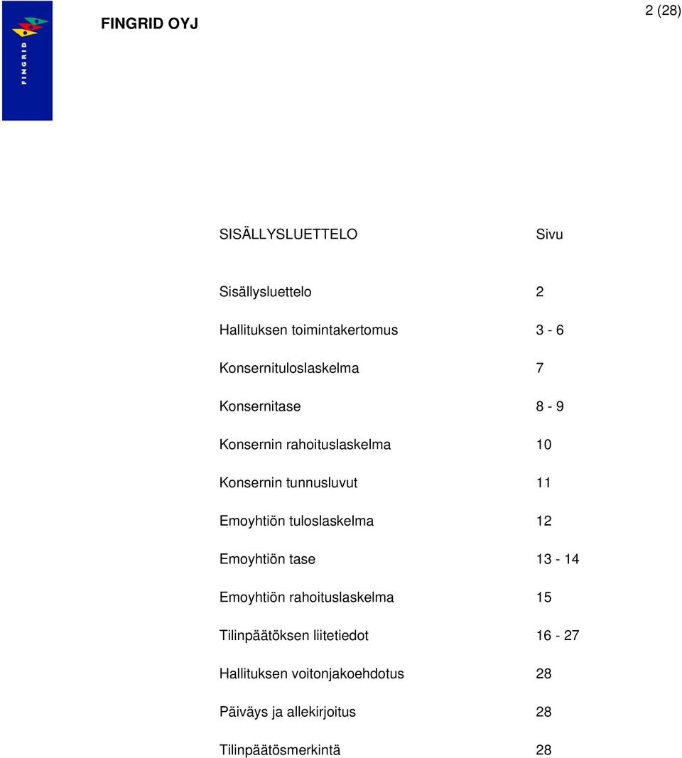 Emoyhtiön tuloslaskelma 12 Emoyhtiön tase 13-14 Emoyhtiön rahoituslaskelma 15 Tilinpäätöksen