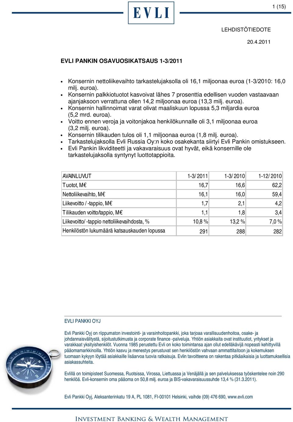 Konsernin hallinnoimat varat olivat maaliskuun lopussa 5,3 miljardia euroa (5,2 mrd. euroa). Voitto ennen veroja ja voitonjakoa henkilökunnalle oli 3,1 miljoonaa euroa (3,2 milj. euroa). Konsernin tilikauden tulos oli 1,1 miljoonaa euroa (1,8 milj.