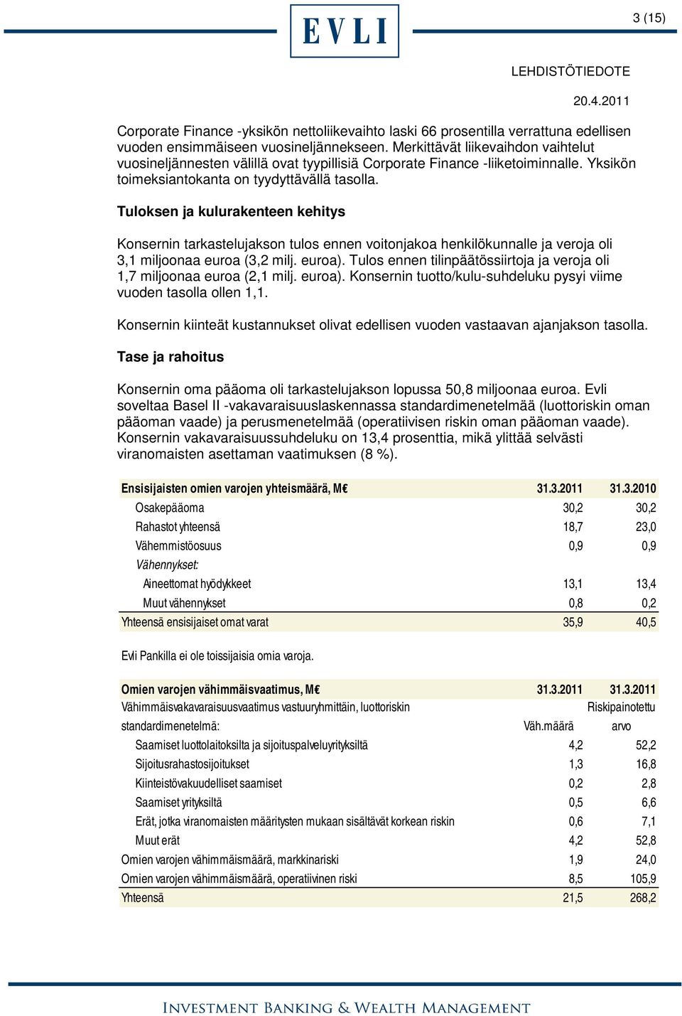 Tuloksen ja kulurakenteen kehitys Konsernin tarkastelujakson tulos ennen voitonjakoa henkilökunnalle ja veroja oli 3,1 miljoonaa euroa (3,2 milj. euroa).