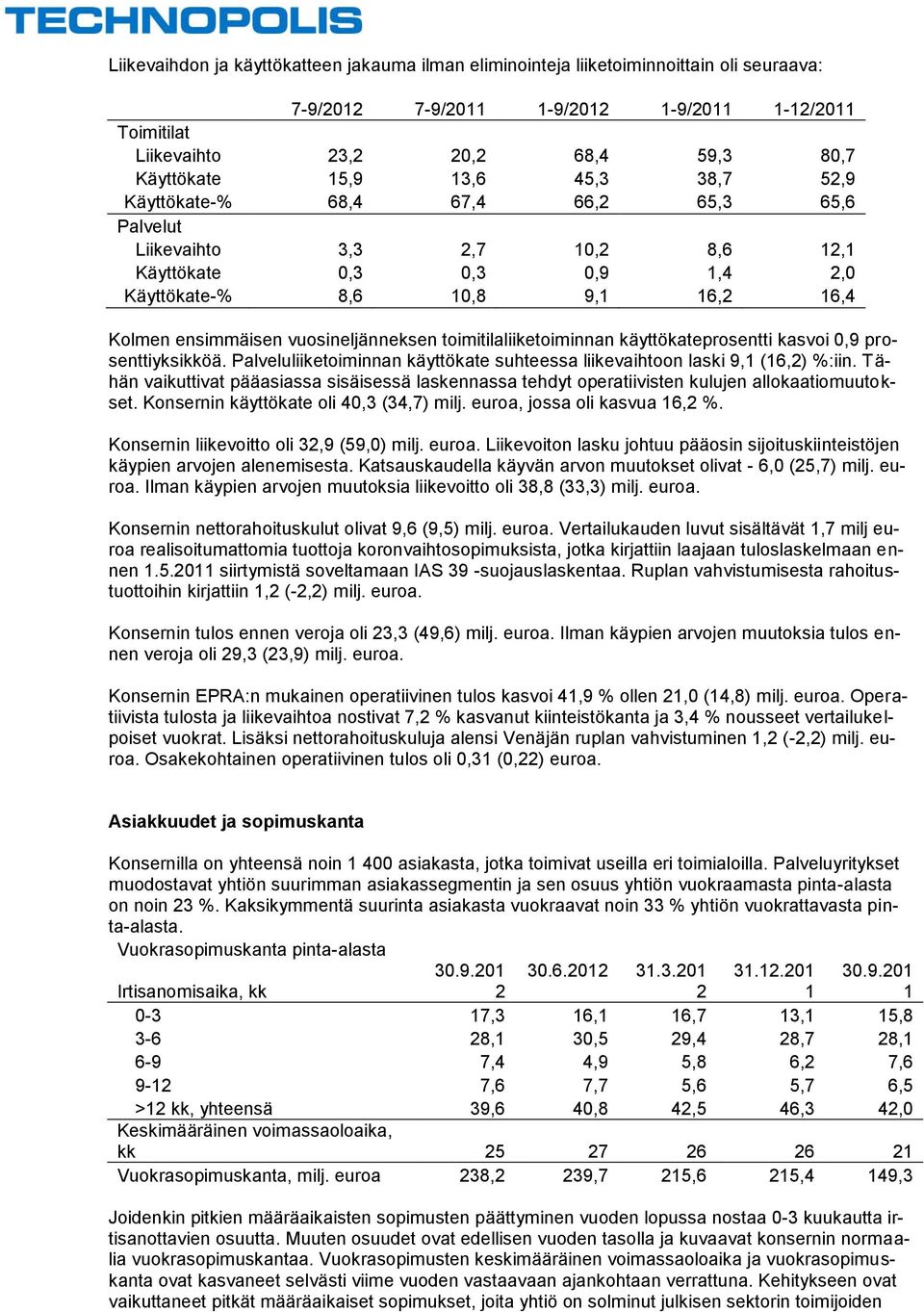 vuosineljänneksen toimitilaliiketoiminnan käyttökateprosentti kasvoi 0,9 prosenttiyksikköä. Palveluliiketoiminnan käyttökate suhteessa liikevaihtoon laski 9,1 (16,2) %:iin.