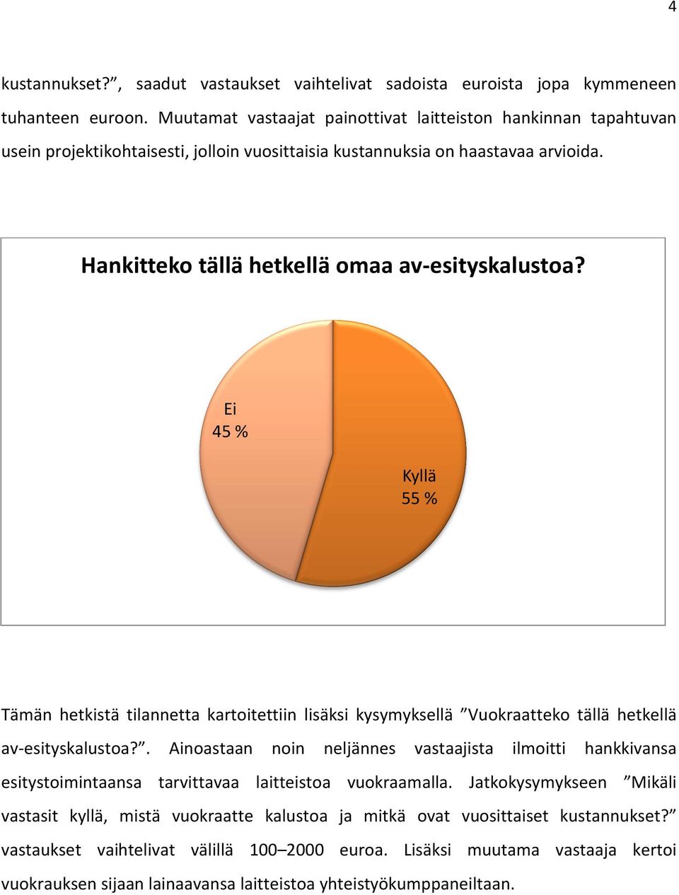 Ei 45 % Kyllä 55 % Tämän hetkistä tilannetta kartoitettiin lisäksi kysymyksellä Vuokraatteko tällä hetkellä av-esityskalustoa?