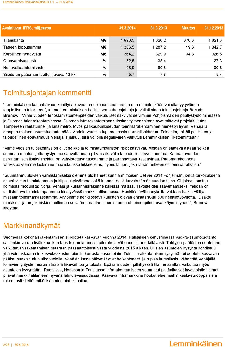 Nettovelkaantumisaste % 98,9 80,8 100,8 Sijoitetun pääoman tuotto, liukuva 12 kk % -5,7 7,8-9,4 Toimitusjohtajan kommentti Lemminkäisen kannattavuus kehittyi alkuvuonna oikeaan suuntaan, mutta en