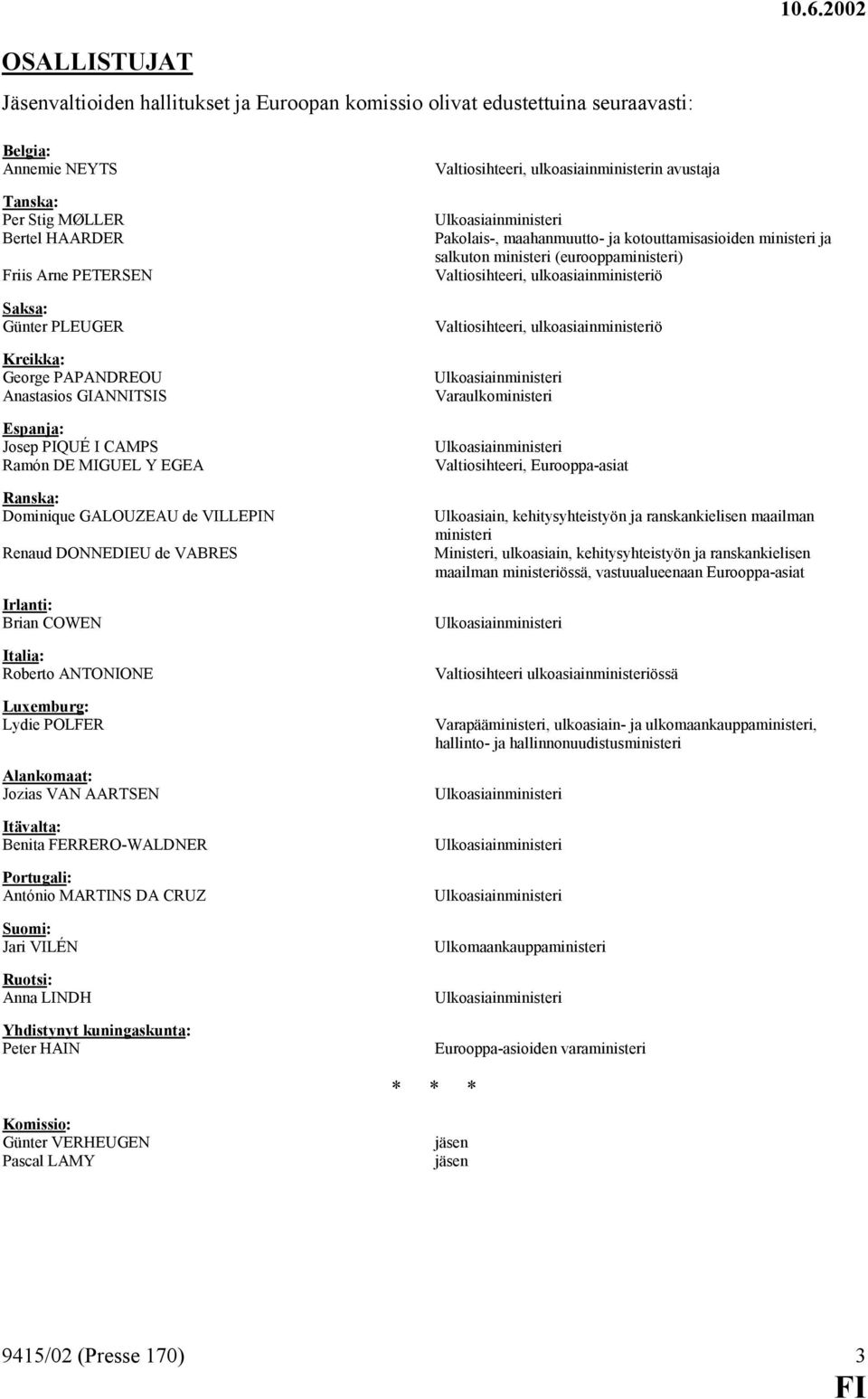 Roberto ANTONIONE Luxemburg: Lydie POLFER Alankomaat: Jozias VAN AARTSEN Itävalta: Benita FERRERO-WALDNER Portugali: António MARTINS DA CRUZ Suomi: Jari VILÉN Ruotsi: Anna LINDH Yhdistynyt