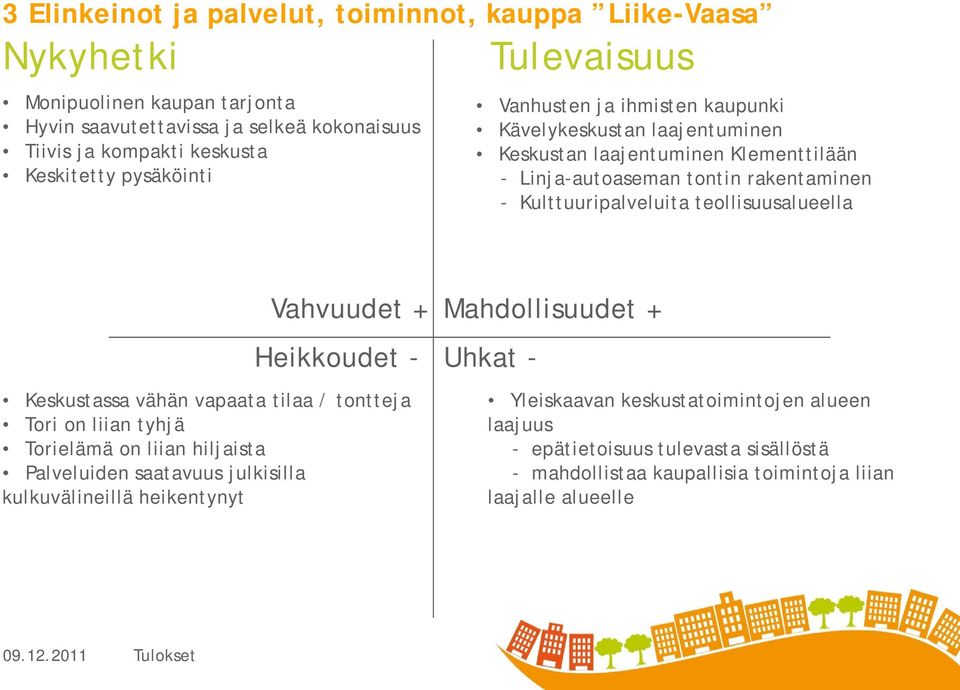 Kulttuuripalveluita teollisuusalueella Keskustassa vähän vapaata tilaa / tontteja Tori on liian tyhjä Torielämä on liian hiljaista Palveluiden saatavuus julkisilla
