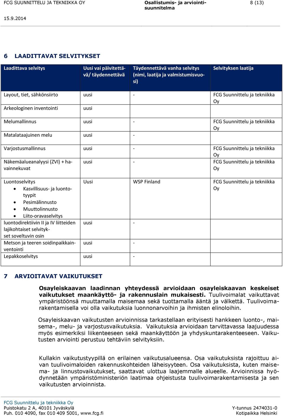 Suunnittelu ja tekniikka Oy Näkemäalueanalyysi (ZVI) + havainnekuvat uusi - FCG Suunnittelu ja tekniikka Oy Luontoselvitys Uusi WSP Finland FCG Suunnittelu ja tekniikka Kasvillisuus- ja luontotyypit