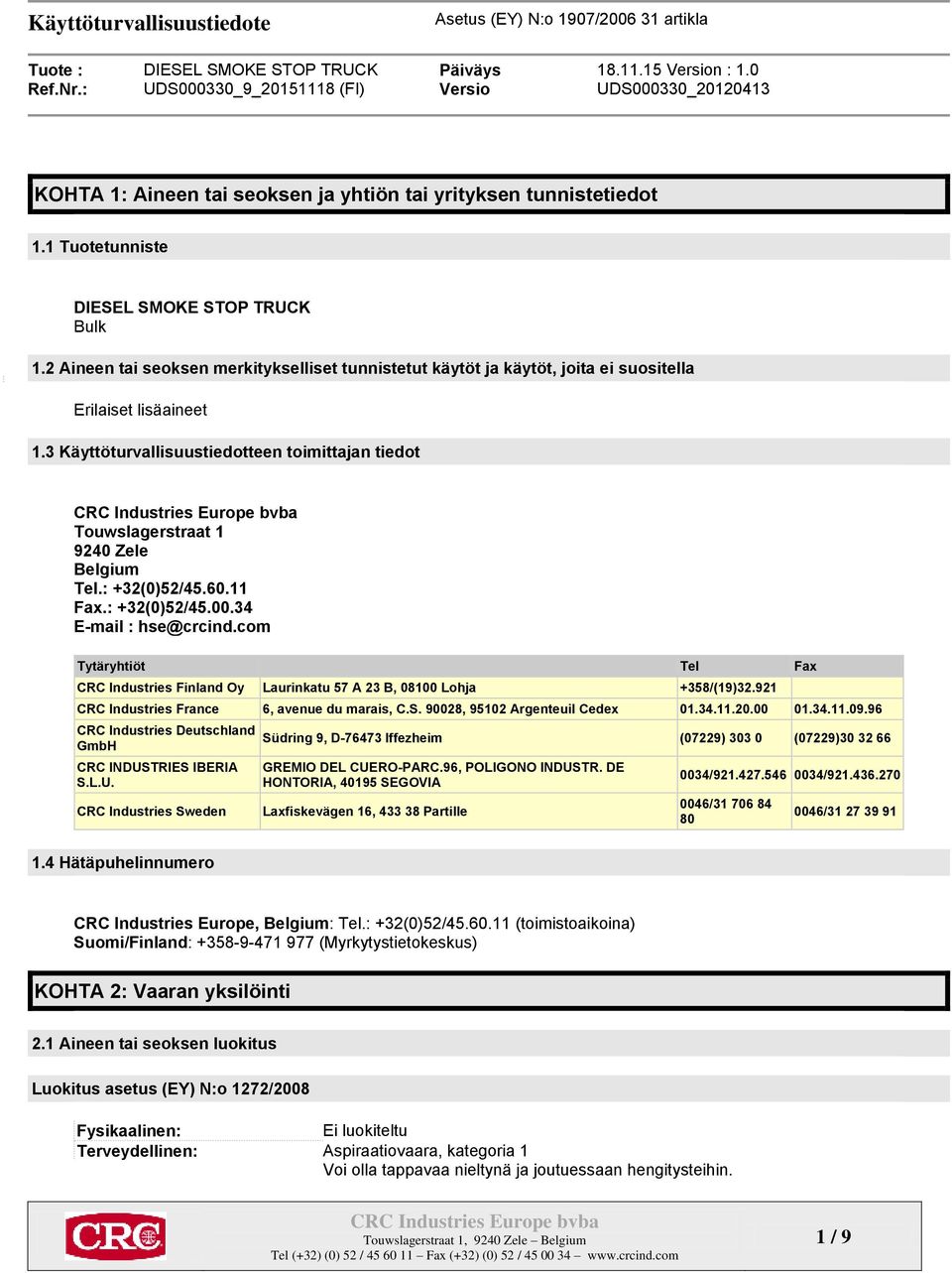 3 Käyttöturvallisuustiedotteen toimittajan tiedot Touwslagerstraat 1 9240 Zele Belgium Tel.: +32(0)52/45.60.11 Fax.: +32(0)52/45.00.34 E-mail : hse@crcind.