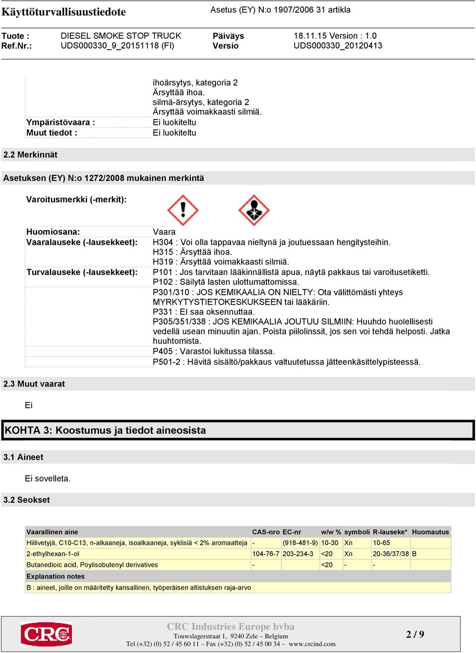 joutuessaan hengitysteihin. H315 : Ärsyttää ihoa. H319 : Ärsyttää voimakkaasti silmiä. P101 : Jos tarvitaan lääkinnällistä apua, näytä pakkaus tai varoitusetiketti.