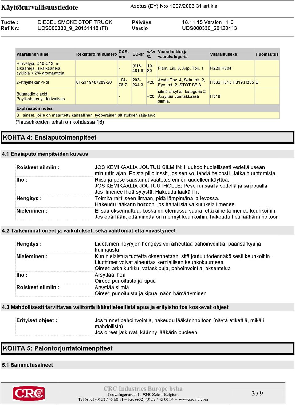 16) Vaaraluokka ja vaarakategoria Flam. Liq. 3, Asp. Tox. 1 Acute Tox. 4, Skin Irrit. 2, Eye Irrit. 2, STOT SE 3 silmä-ärsytys, kategoria 2, Ärsyttää voimakkaasti silmiä.