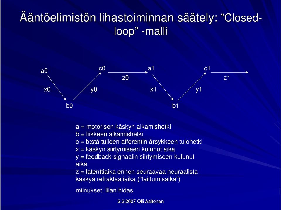 ärsykkeen tulohetki x = käskyn siirtymiseen kulunut aika y = feedback-signaalin siirtymiseen kulunut