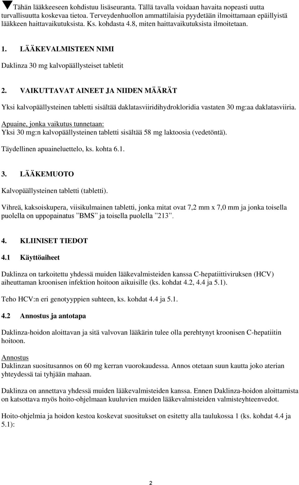 LÄÄKEVALMISTEEN NIMI Daklinza 30 mg kalvopäällysteiset tabletit 2.