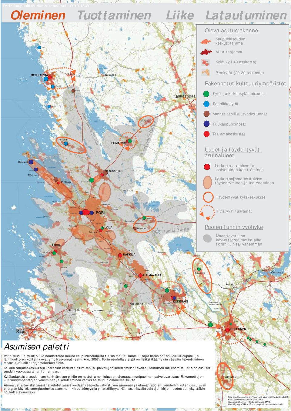 Täydentyvät kyläkeskukset Tiivistyvät taajamat Puolen tunnin vyöhyke Maantieverkkoa käytettäessä matka-aika Poriin ½ h tai vähemmän Asumisen paletti Porin seudulla muuttoliike noudattelee muilta