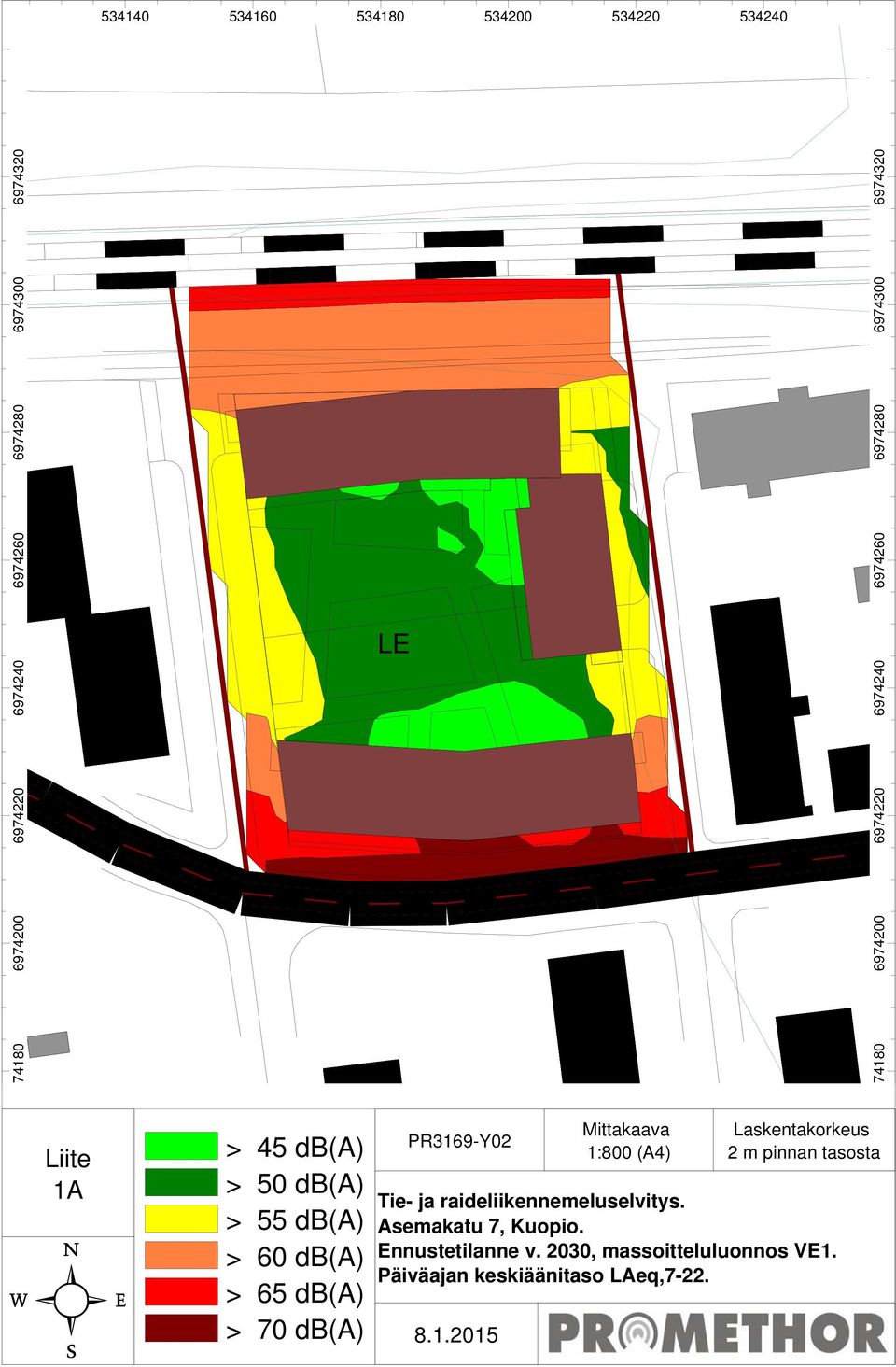db(a) > 70 db(a) 534160 534180 PR3169-Y02 534200 Mittakaava 1:800 (A4) 534220 Laskentakorkeus 2 m pinnan tasosta Tie- ja