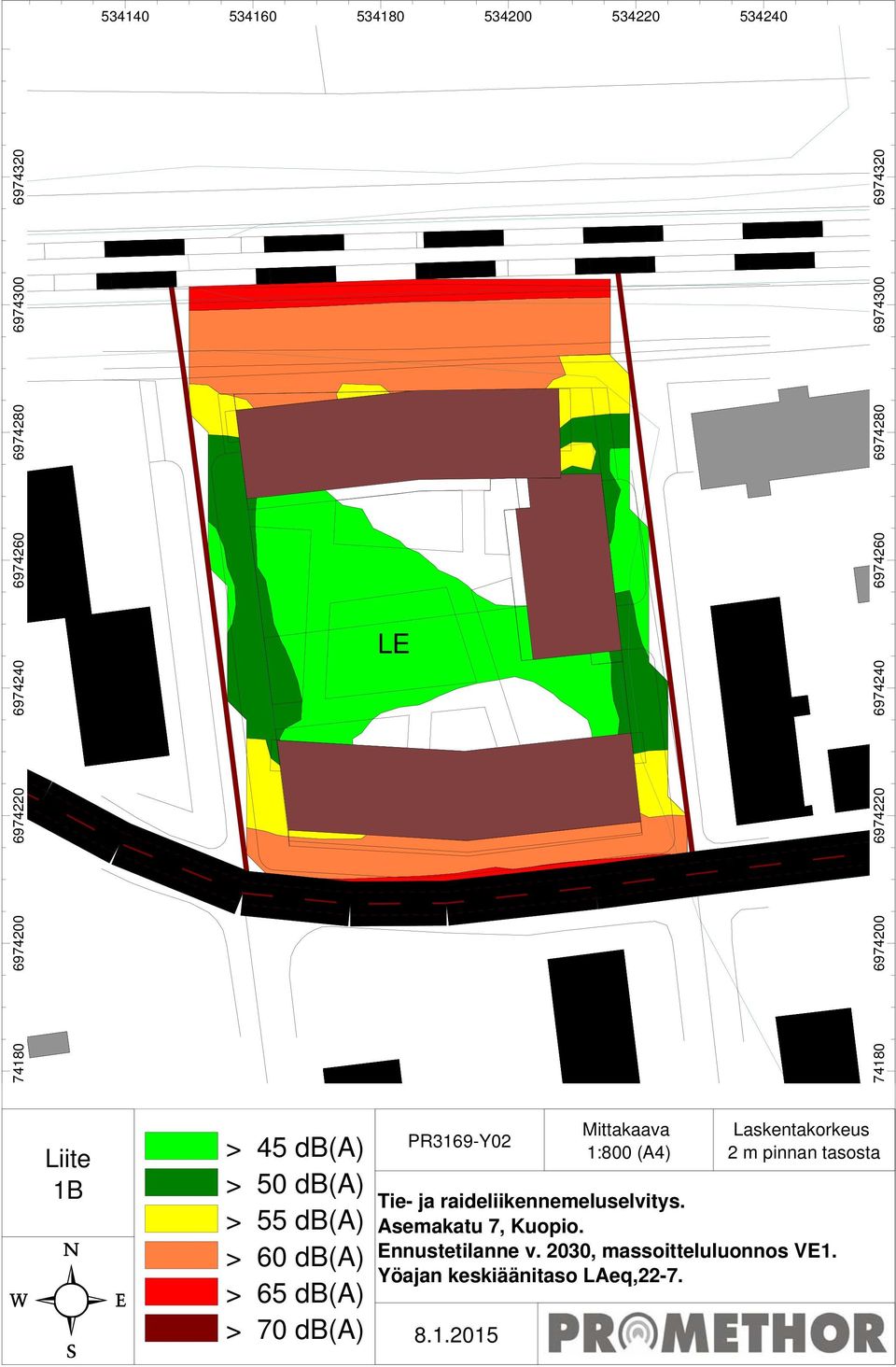 db(a) > 70 db(a) 534160 534180 PR3169-Y02 534200 Mittakaava 1:800 (A4) 534220 Laskentakorkeus 2 m pinnan tasosta Tie- ja