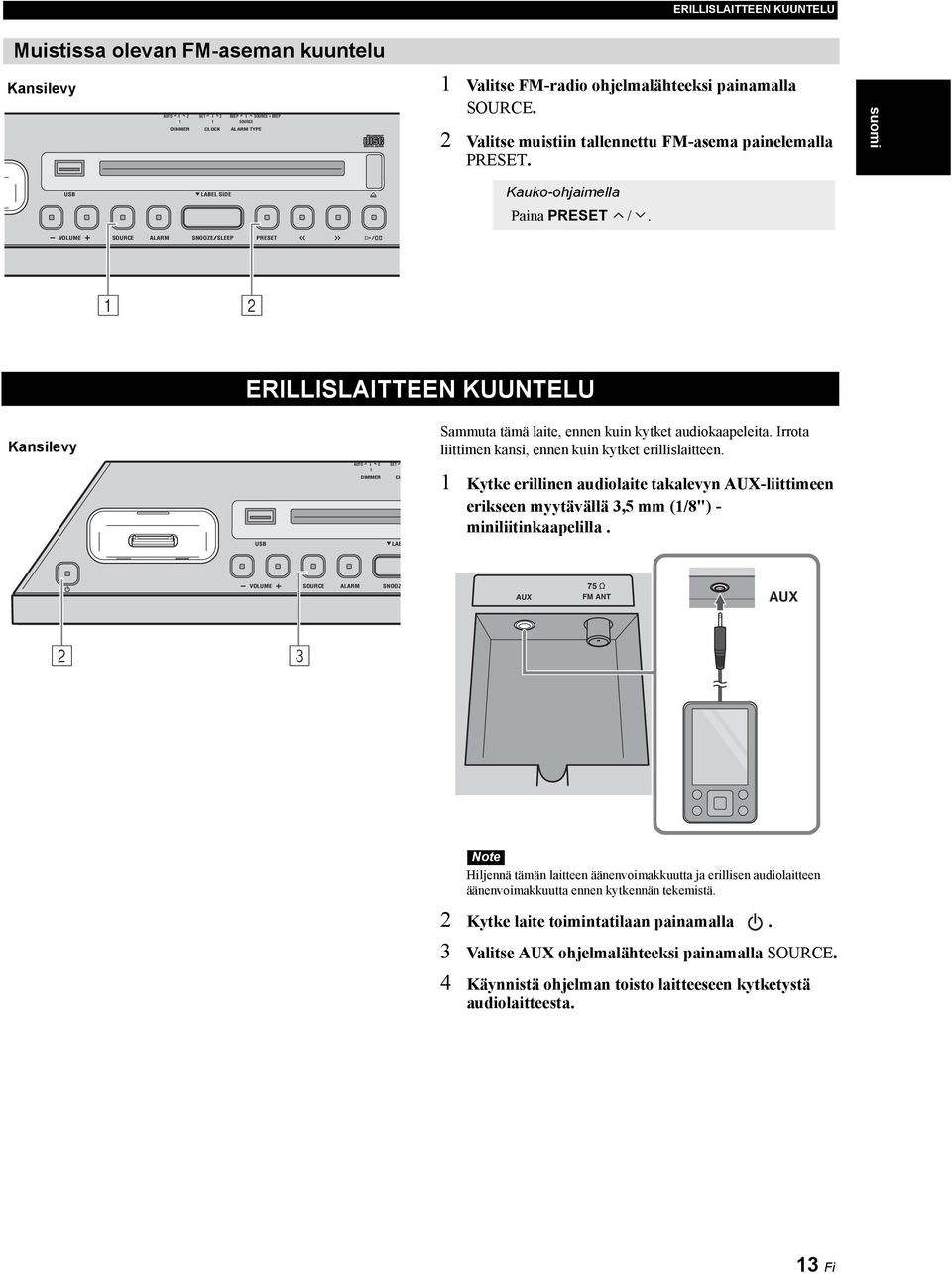 AUTO 2 DIMMER SET CL Kytke erillinen audiolaite takalevyn AUX-liittimeen erikseen myytävällä 3,5 mm (/8") - miniliitinkaapelilla.